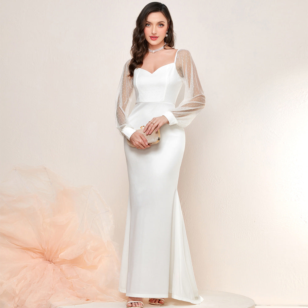 Swiss Dot Mesh Puff Sleeve Sweetheart Mermaid Maxi Gown - View 5