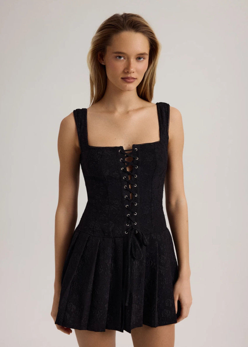 Lace Up Square Neck Sleeveless Corset Pleated Mini Dress