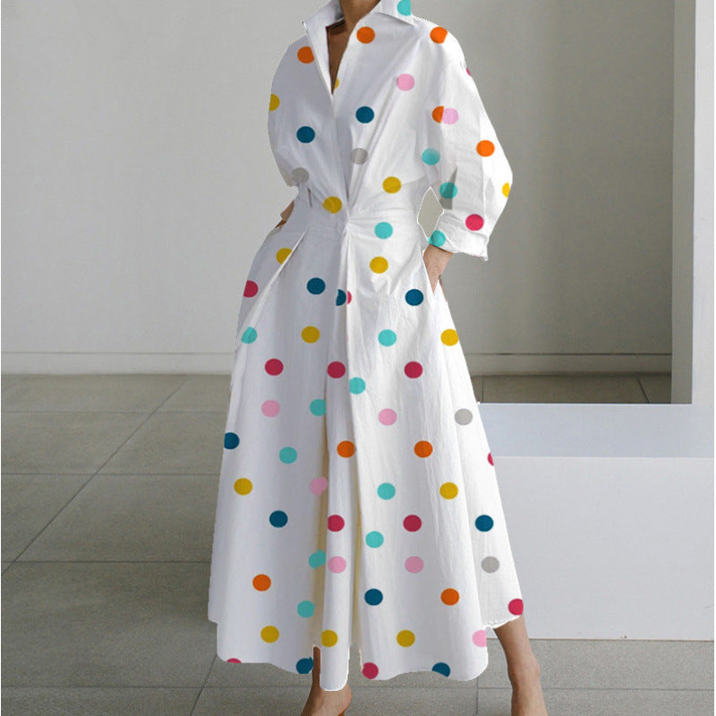 Newspaper Print Collared Long Sleeve Belted Pleated Maxi Shirt Dress 5