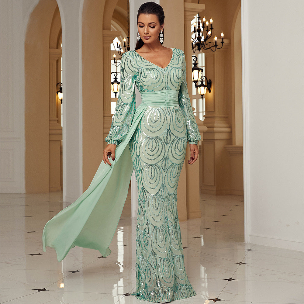 Sequin V-Neck Long Sleeve Mermaid Evening Gown - View 4