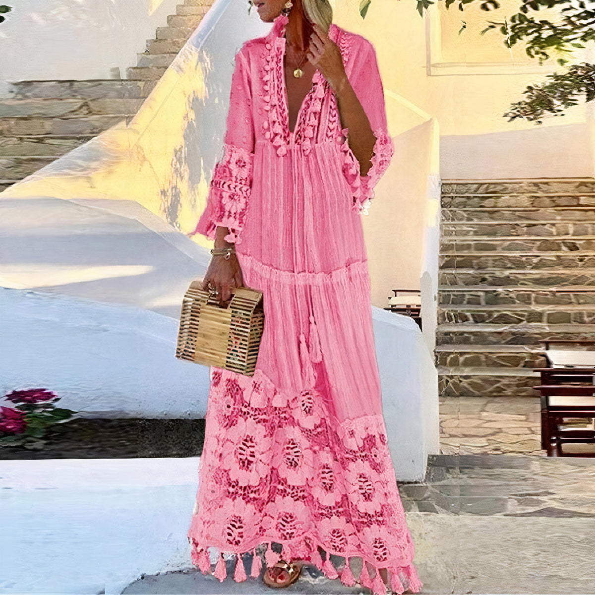 Lace Tassel Trim Flared Cuff Tiered Maxi Summer Dress - View 3
