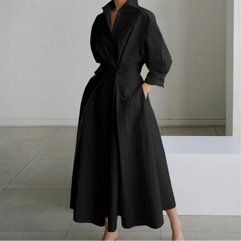 Newspaper Print Collared Long Sleeve Belted Pleated Maxi Shirt Dress 10