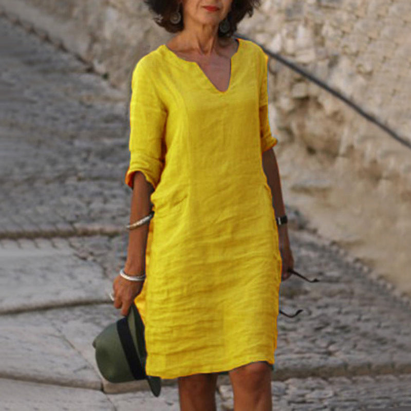 Split Neck Short Sleeve Pocket Shift Midi Dress 18