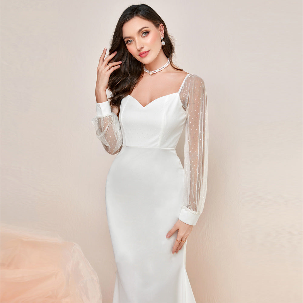 Swiss Dot Mesh Puff Sleeve Sweetheart Mermaid Maxi Gown