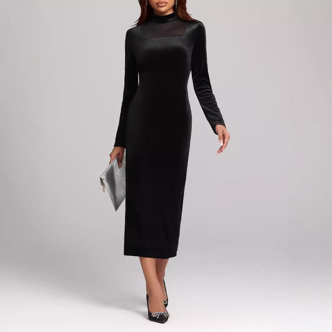 Velvet Mock Neck Mesh Panel Long Sleeve Bodycon Midi Dress - View 2