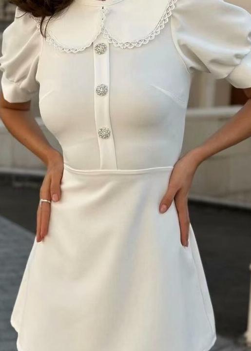 Pearl Button Peter Pan Collar Puff Sleeve A-Line Mini Dress - View 4