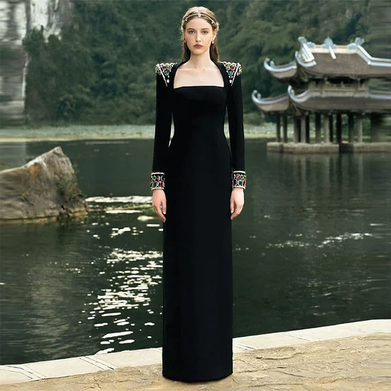 Square Neck Long Sleeve Beaded Column Maxi Evening Gown