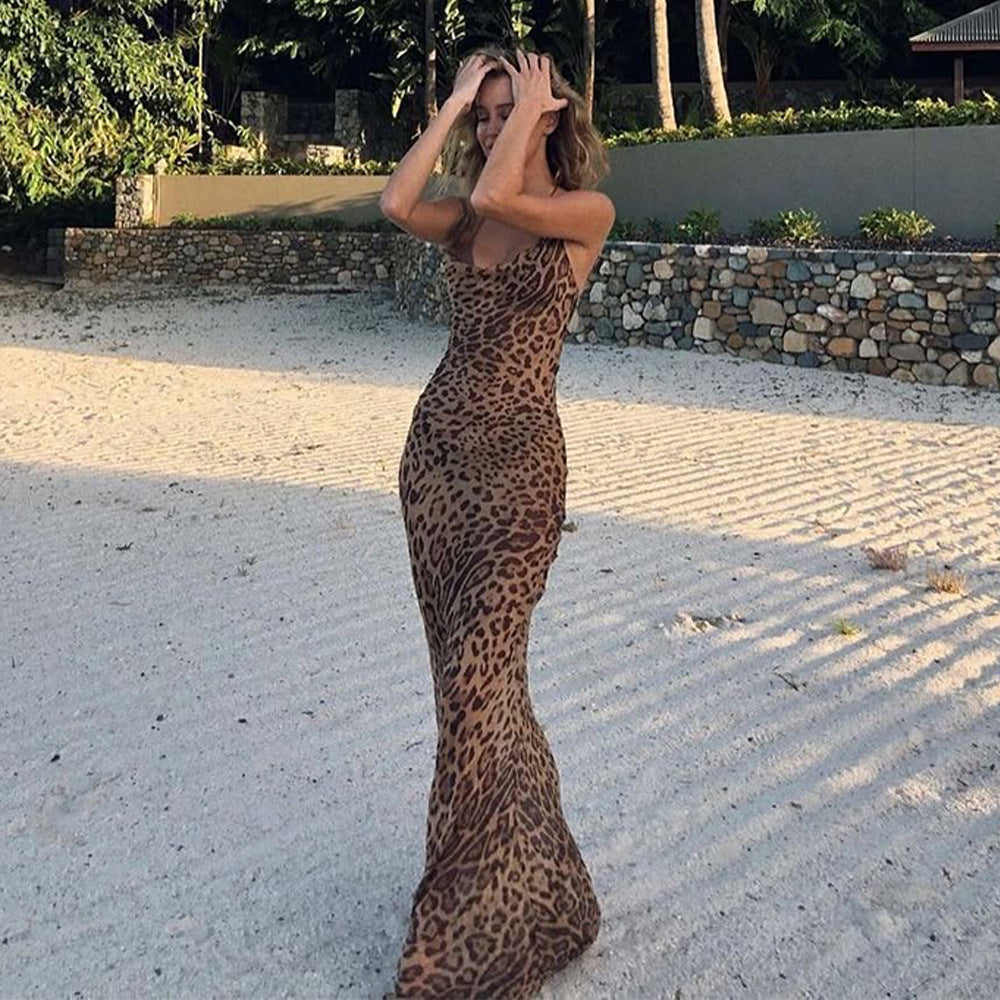 Animal Print Cowl Neck Spaghetti Strap Flowy Maxi Dress - View 3