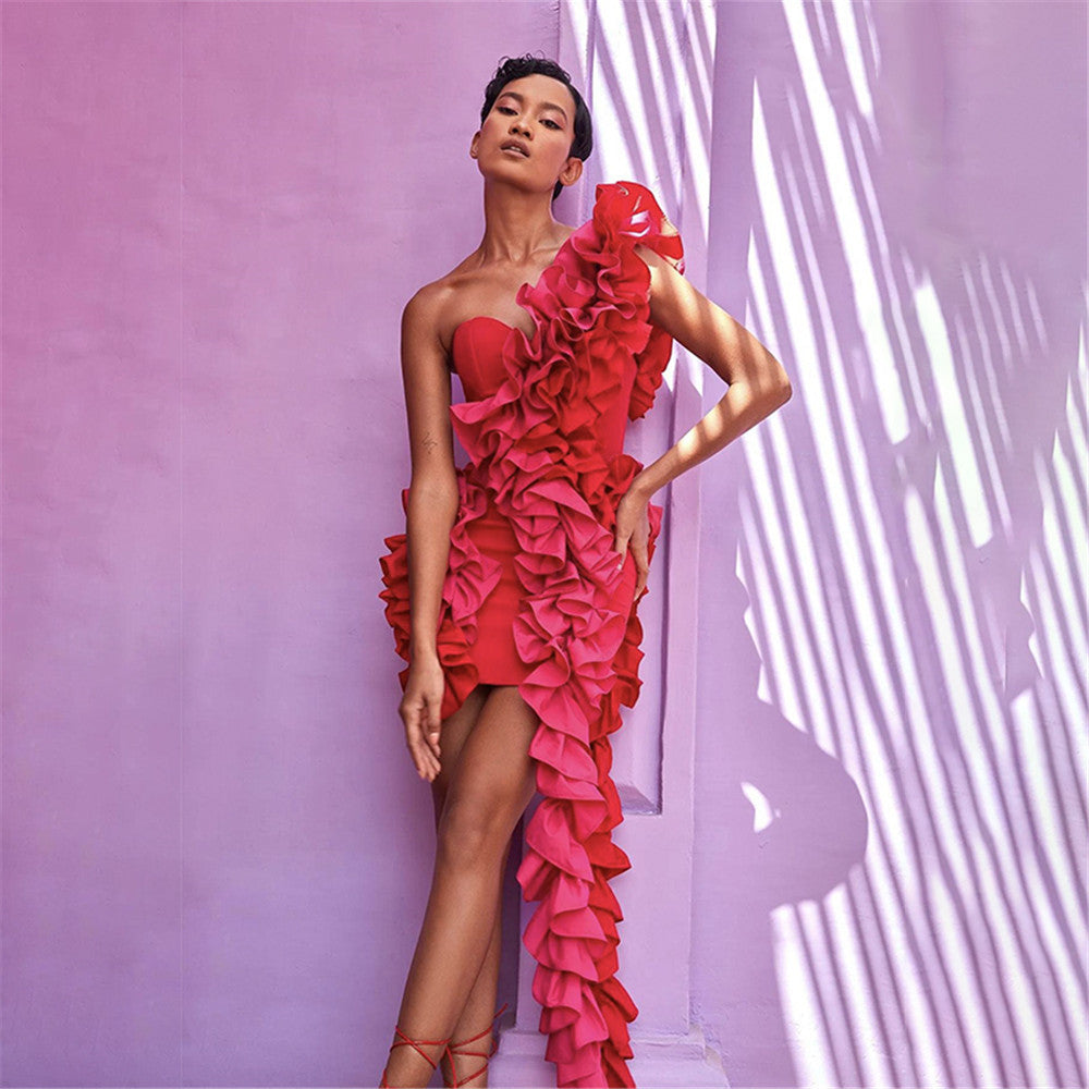 One Shoulder Ruffle High Low Bodycon Mini Dress
