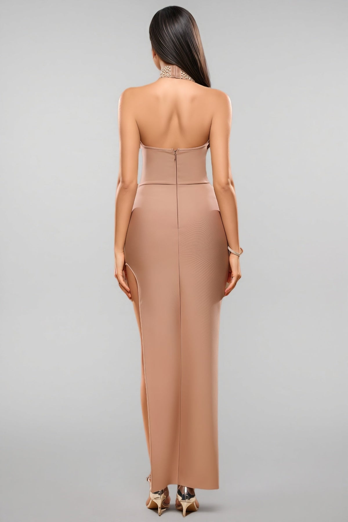 Pearl Beaded Halter Neck Bodycon Bandage Maxi Gown - View 6