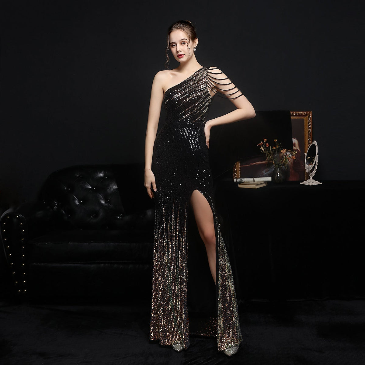 Sequin One Shoulder Beaded Fringe High Split Mermaid Gown - View 8