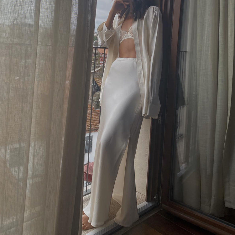 Satin Draping Mop Maxi Dress Side Slit High Waist Skirt - View 2