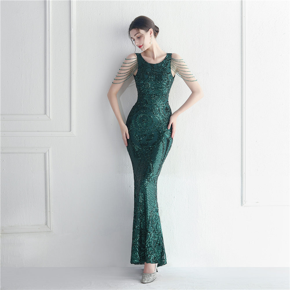 Sequin Beaded Round Neck Fringe Mermaid Maxi Gown - View 3