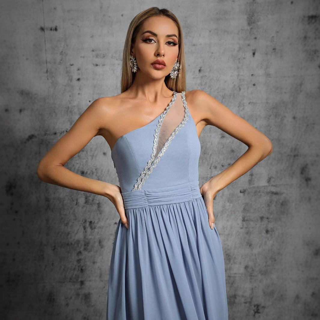 One Shoulder Lace Trim Chiffon A-Line Maxi Evening Gown - View 3
