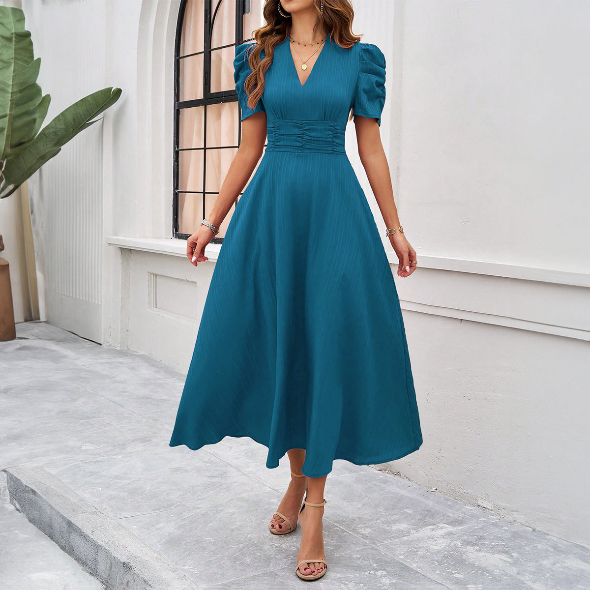 V-Neck Puff Sleeve Ruched Waist A-Line Midi Dress - View 3