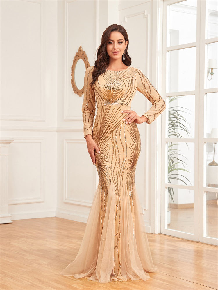 Sequin Crew Neck Long Sleeve Tulle Mermaid Maxi Gown - View 8
