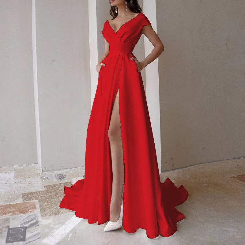 Deep V-Neck Draped Cap Sleeve High Waist High Split Pocket Gown - View 4