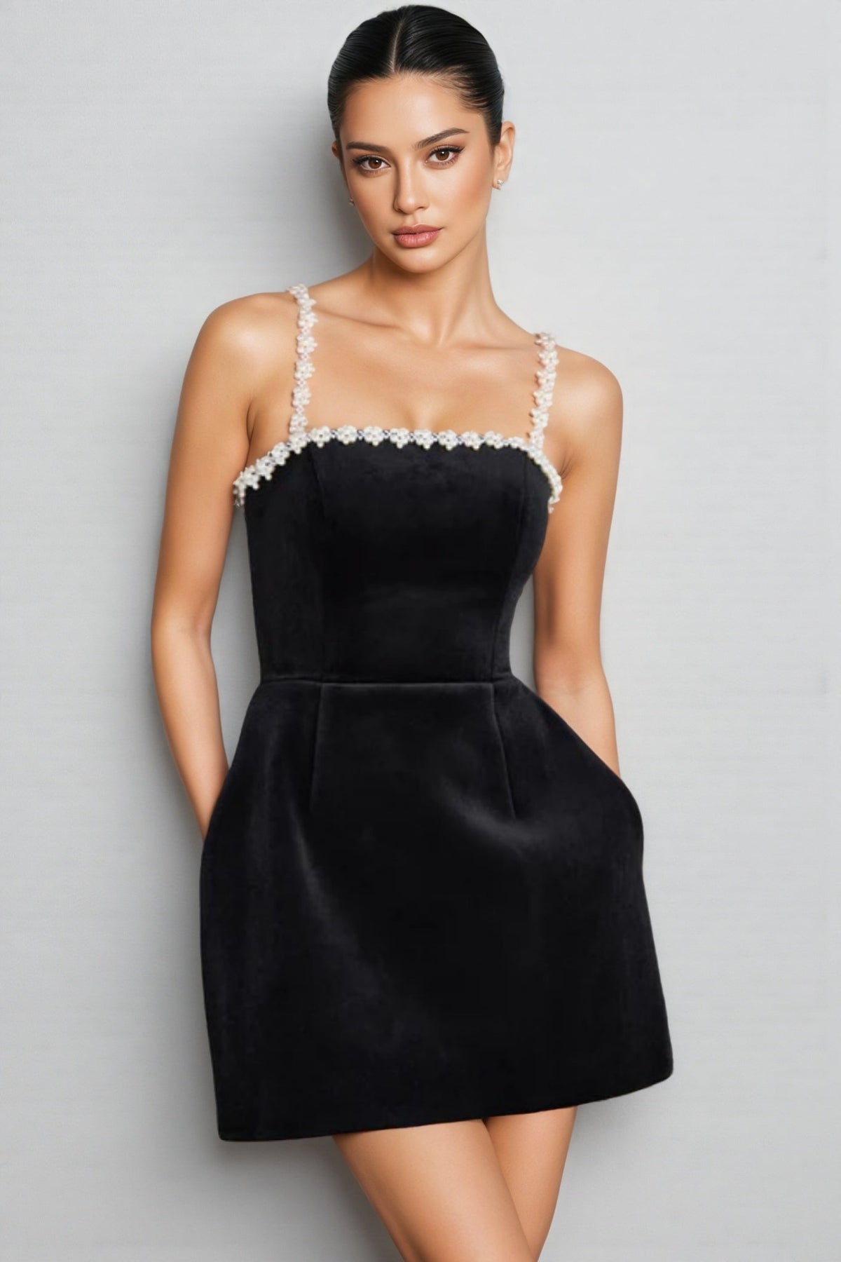 Velvet Square Neck Pearl Beaded Strap Fit and Flare Mini Dress - View 3