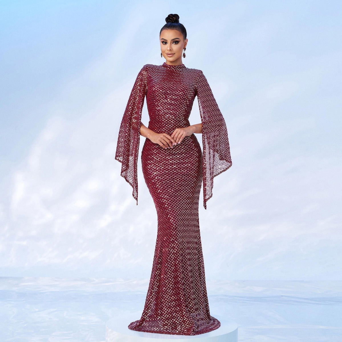 Sequin High Neck Cape Sleeve Mermaid Gown - View 5