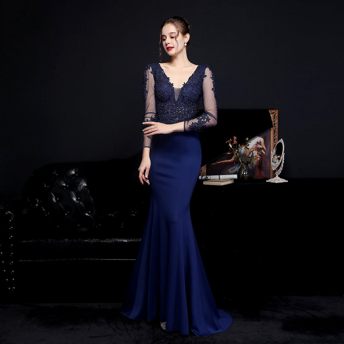 Lace V-Neck Long Sleeve Beaded Mermaid Maxi Gown - View 5