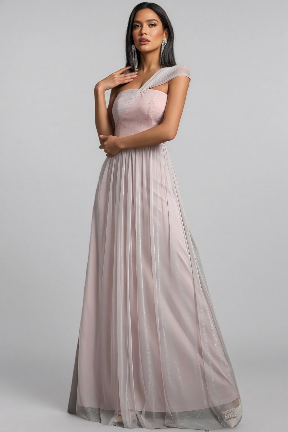 Ayven Pink One-Shoulder Mesh Maxi Dress