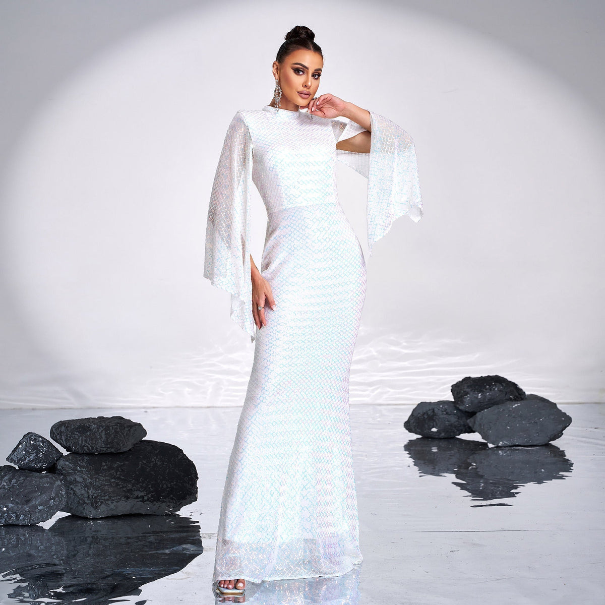Sequin High Neck Cape Sleeve Mermaid Gown - View 3