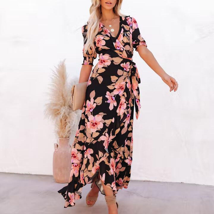 Floral V-Neck Puff Sleeve Wrap Ruffle Hem High Low Maxi Dress