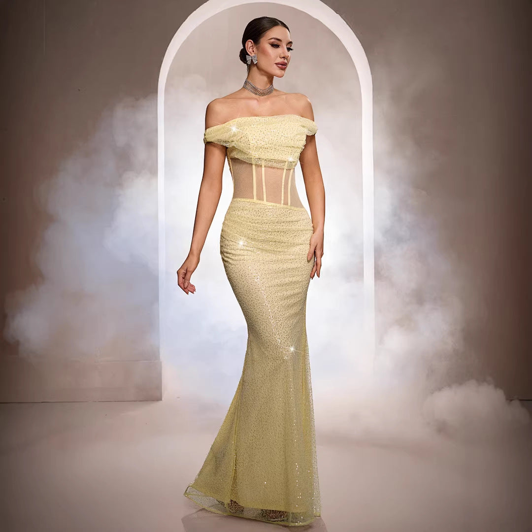 Sequin Off Shoulder Sheer Corset Mermaid Gown - View 2