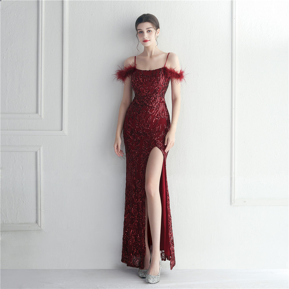Sequin Feather Trim Spaghetti Strap High Split Mermaid Gown - View 5