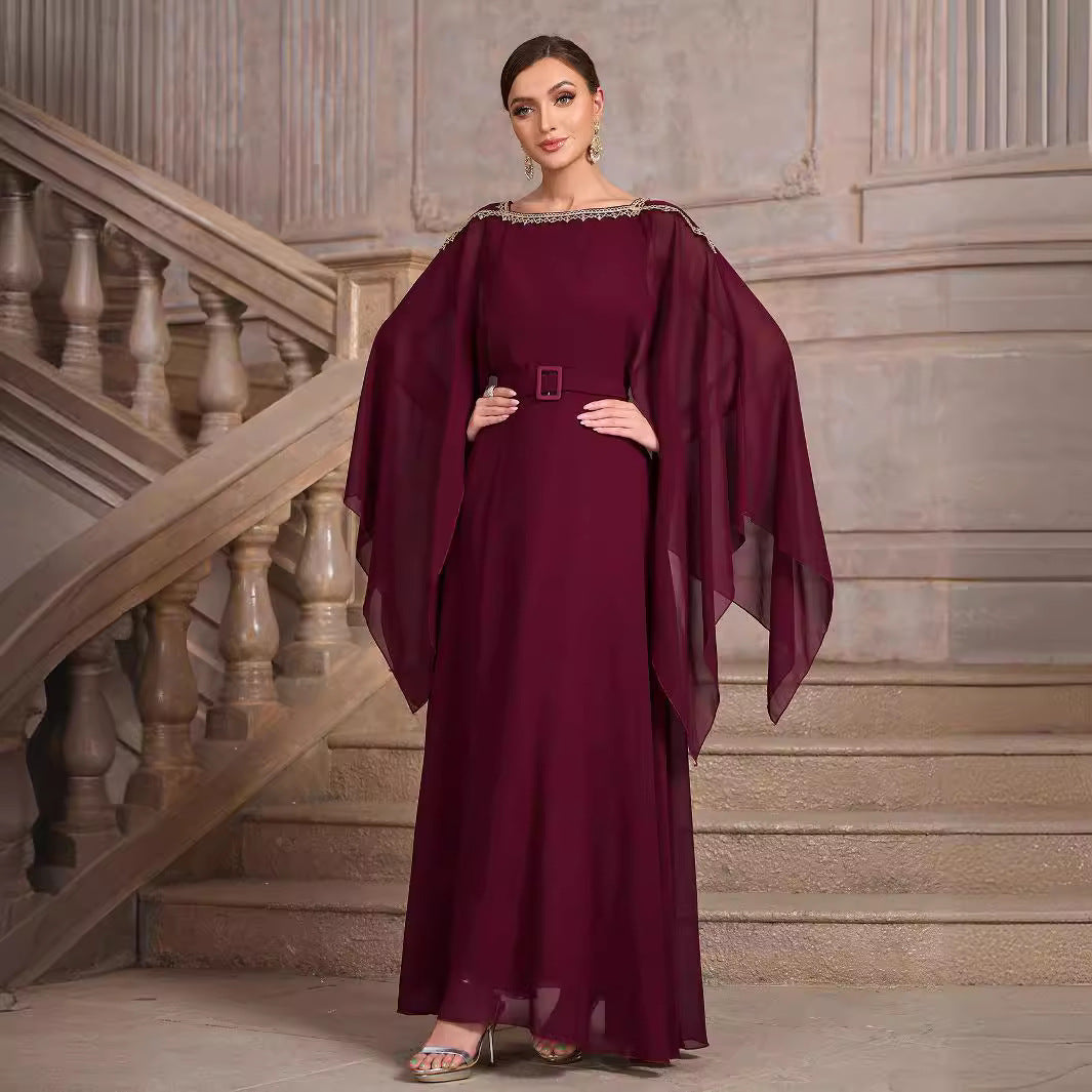 Chiffon Beaded Neckline Sheer Batwing Cape Sleeve Maxi Gown