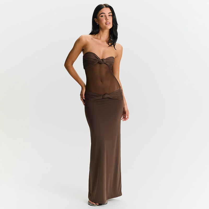 Strapless Sweetheart Mesh Midriff Cut Out Knot Bodycon Maxi Dress
