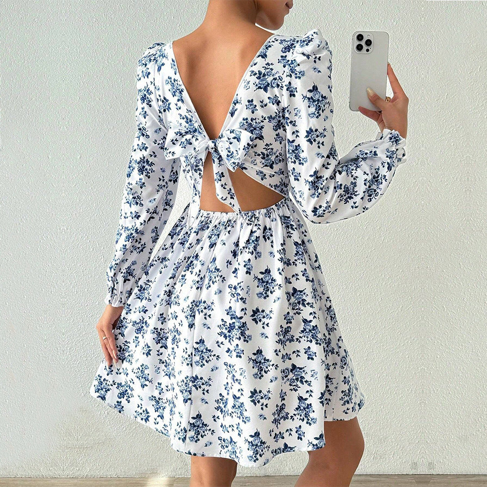 French Square Collar Elegant Dress High Waist Backless Lace up Floral - View 2