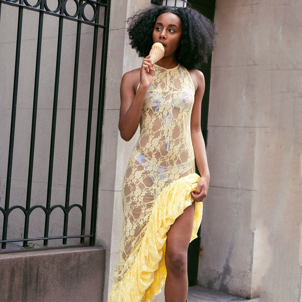 Sheer Floral Lace Mock Neck Sleeveless Tiered Ruffle Maxi Dress