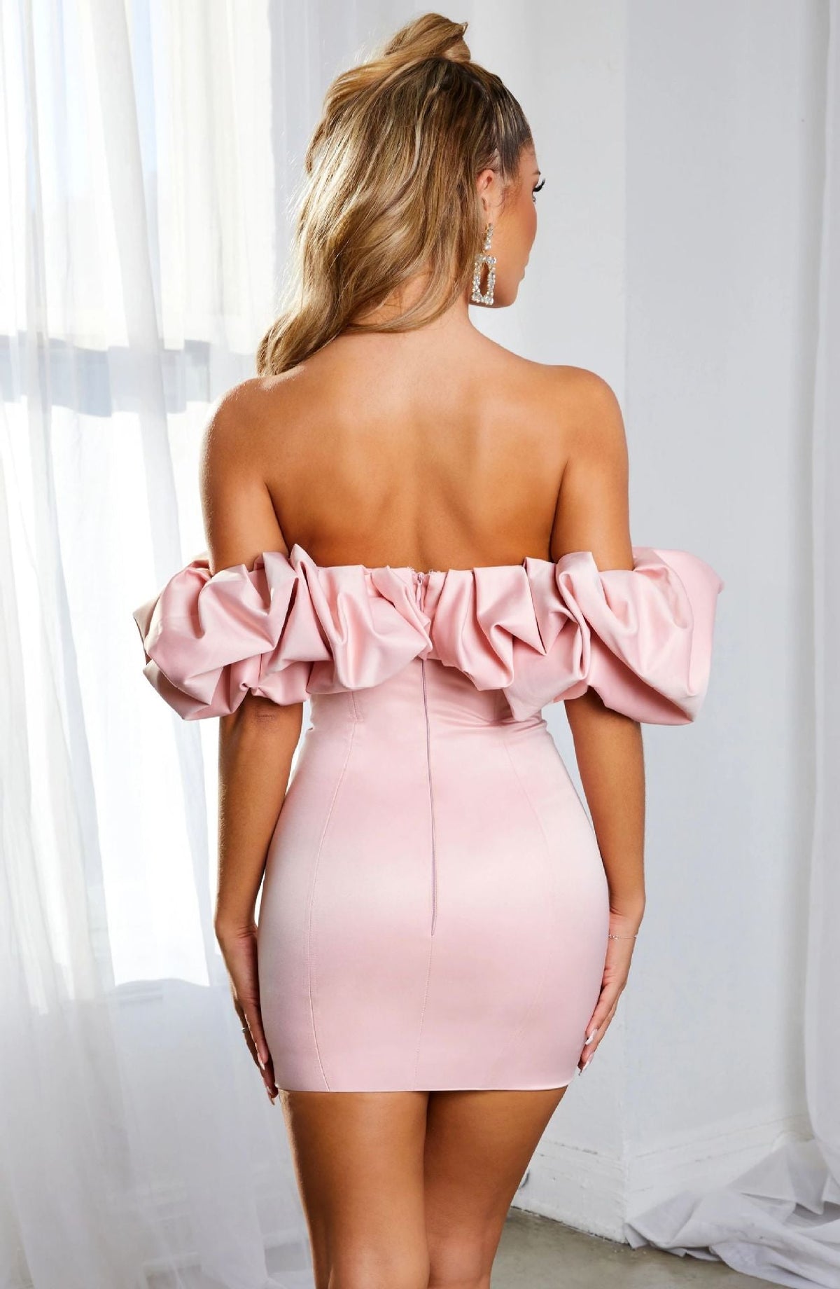 Zari Satin Ruffles Off Shoulder Mini Dress  - Pink - View 5