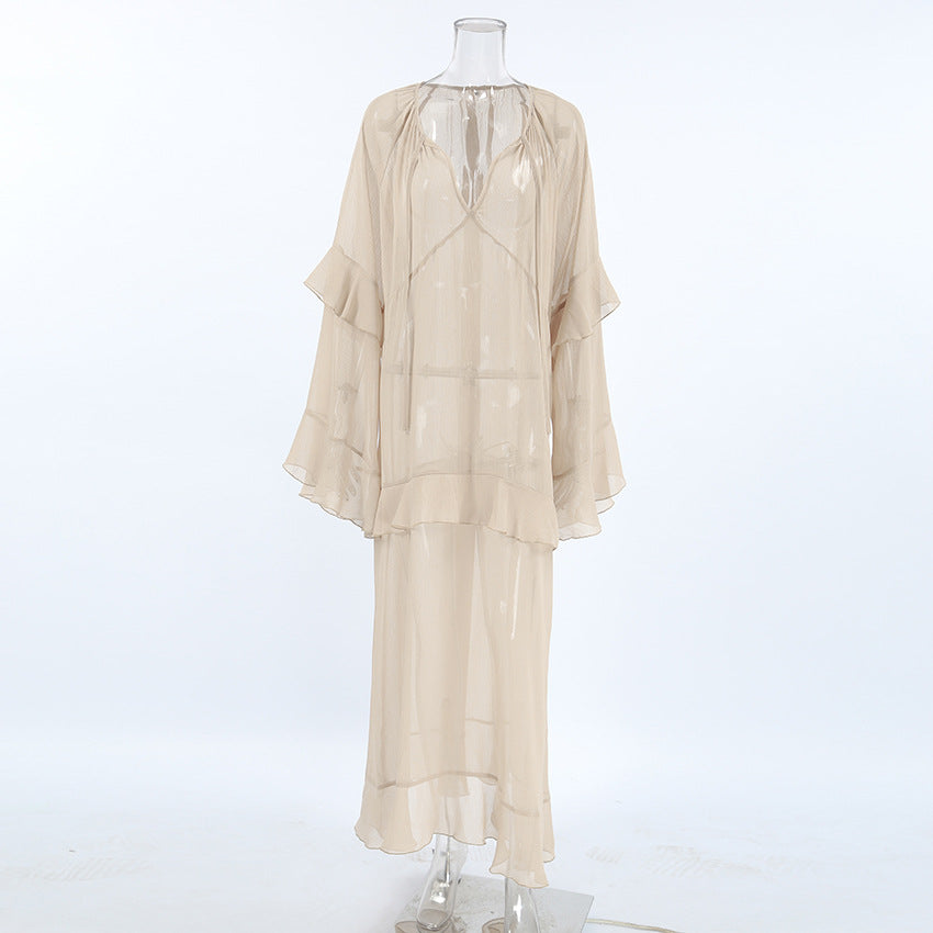 Sheer Tiered V-Neck Tie Neck Long Flared Ruffle Sleeve Maxi Dress - View 6