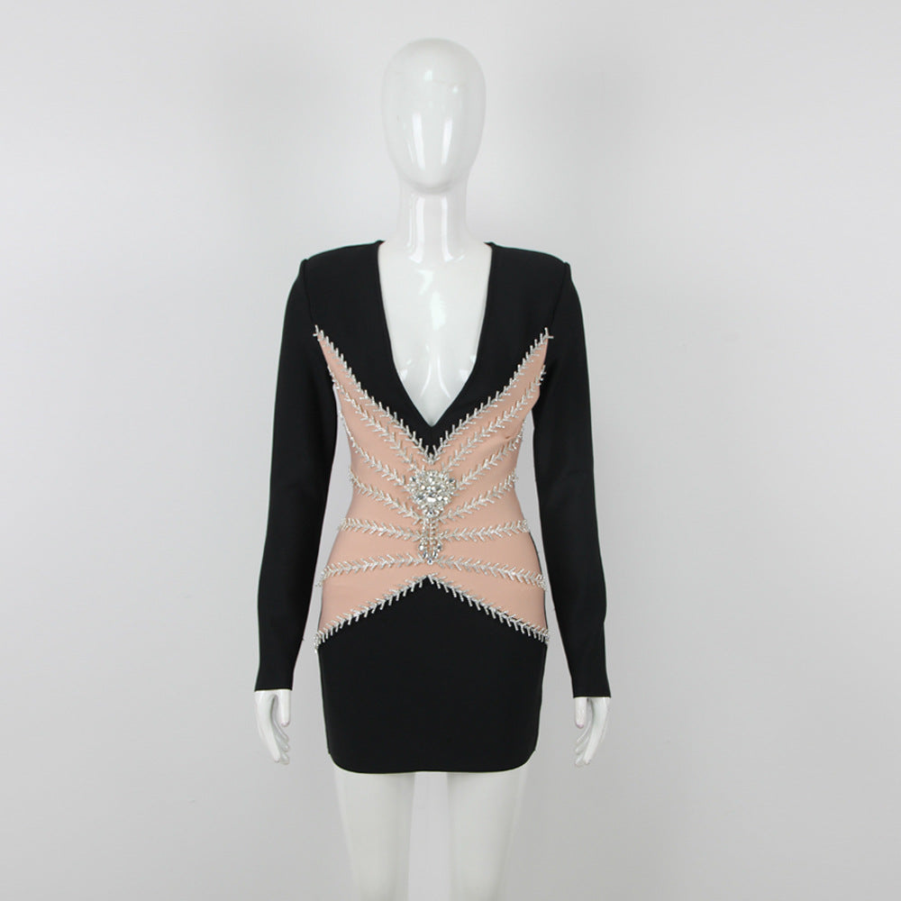 Long Sleeve Padded Shoulder Deep V-Neck Mesh Cut Out Mini Dress - View 4