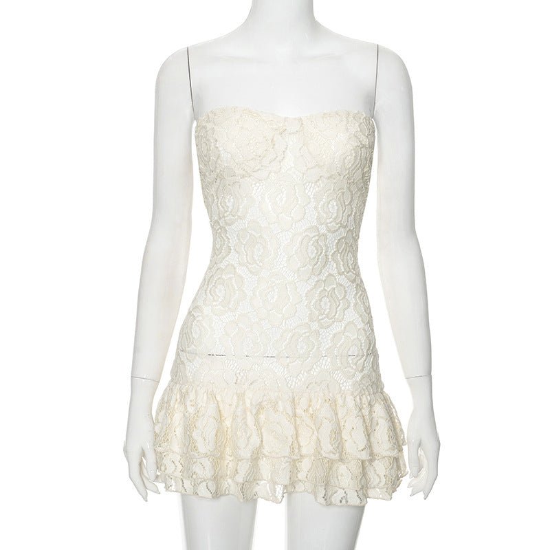 Floral Lace Strapless Sweetheart Bustier Tiered Ruffle Mini Dress - View 4