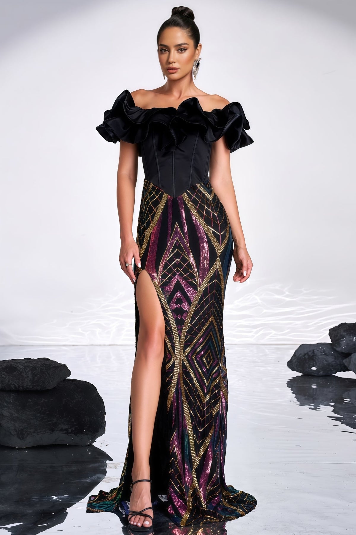 Sequin Off Shoulder Ruffle Corset Bodice High Split Mermaid Maxi Gown