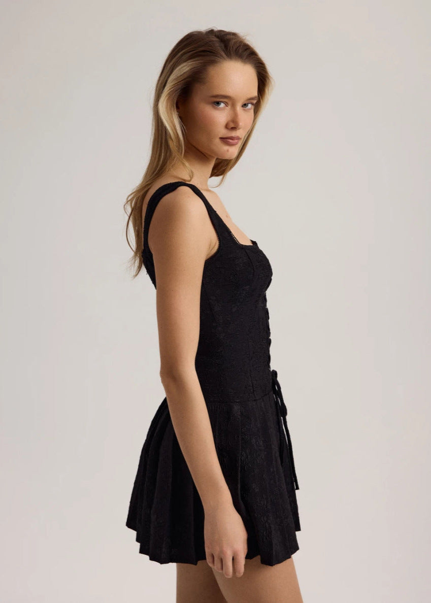 Lace Up Square Neck Sleeveless Corset Pleated Mini Dress - View 4