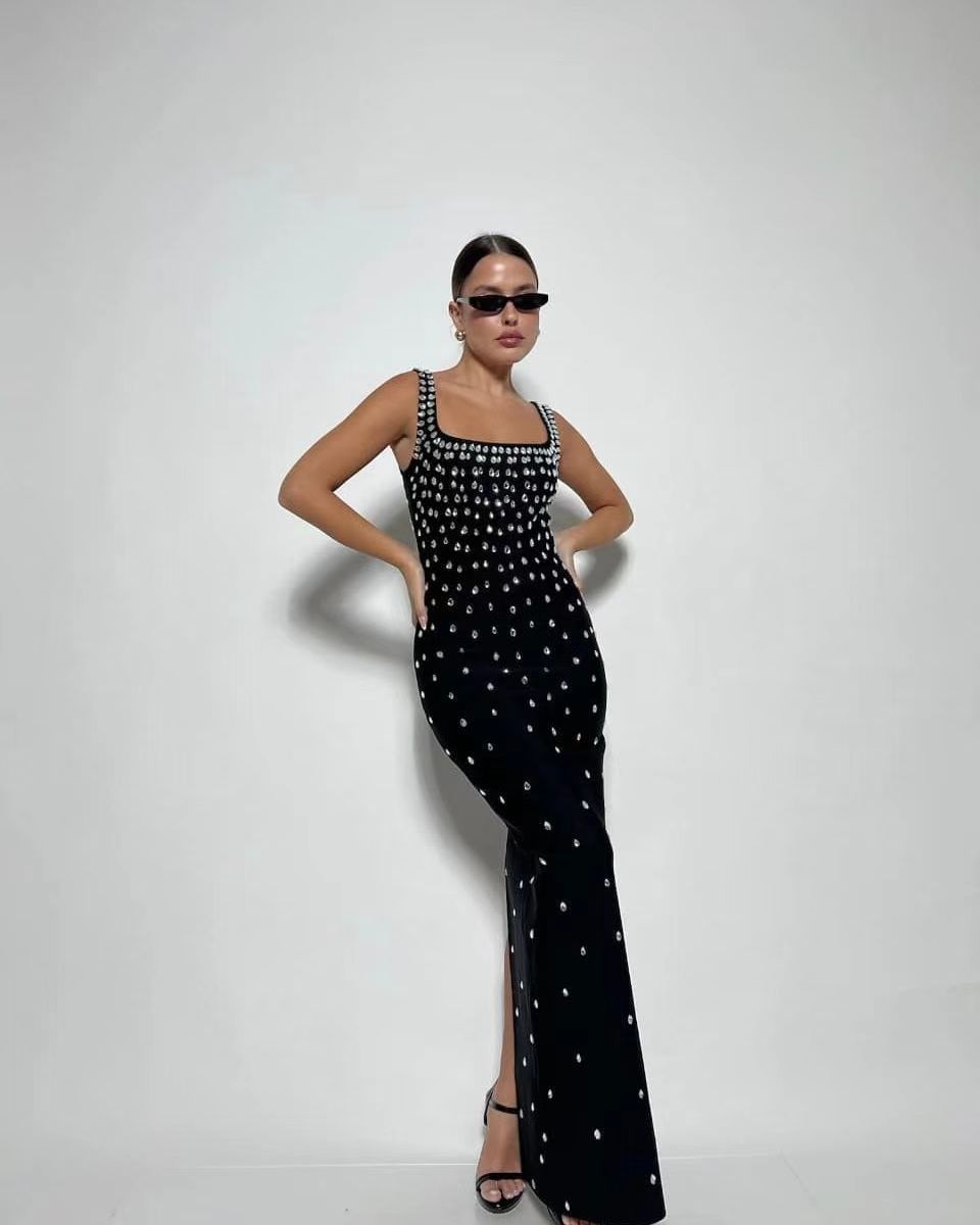 Rhinestone Polka Dot Square Neck Bandage High Split Maxi Dress - View 3