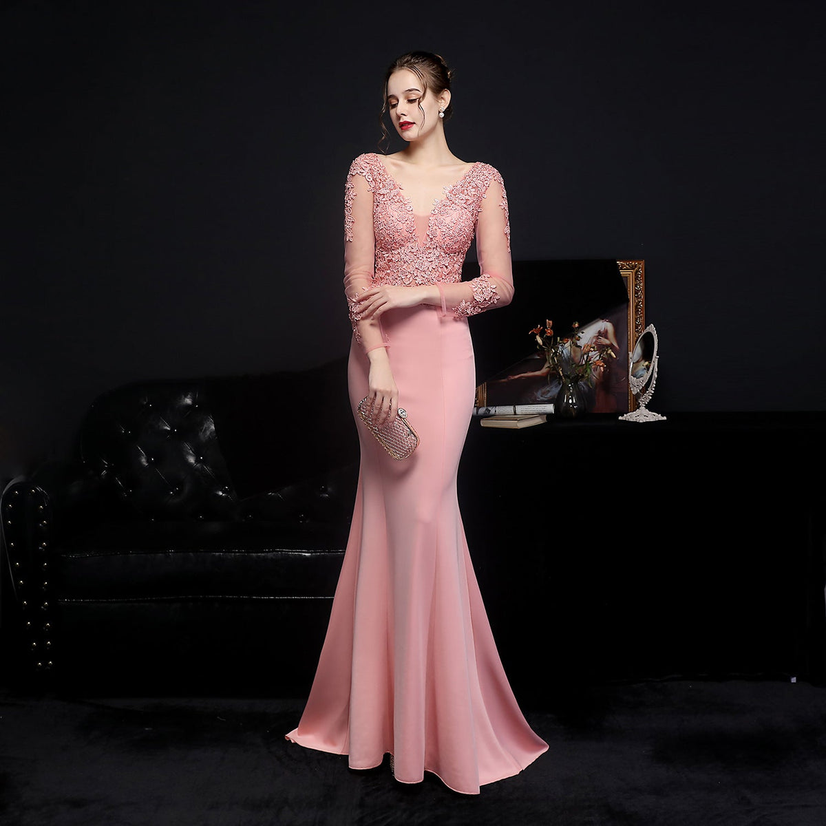 Lace V-Neck Long Sleeve Beaded Mermaid Maxi Gown - View 7