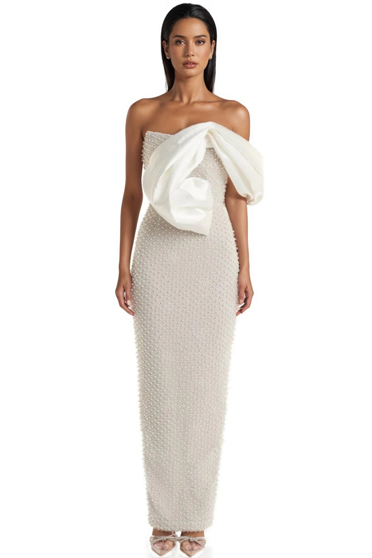 Pearl Embellished Strapless Ruffle Bodice Column Maxi Gown