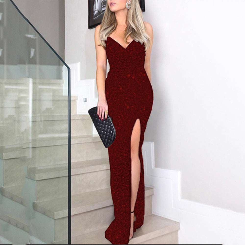 Sequin V-Neck Spaghetti Strap Ruched High Split Bodycon Maxi Dress - View 5