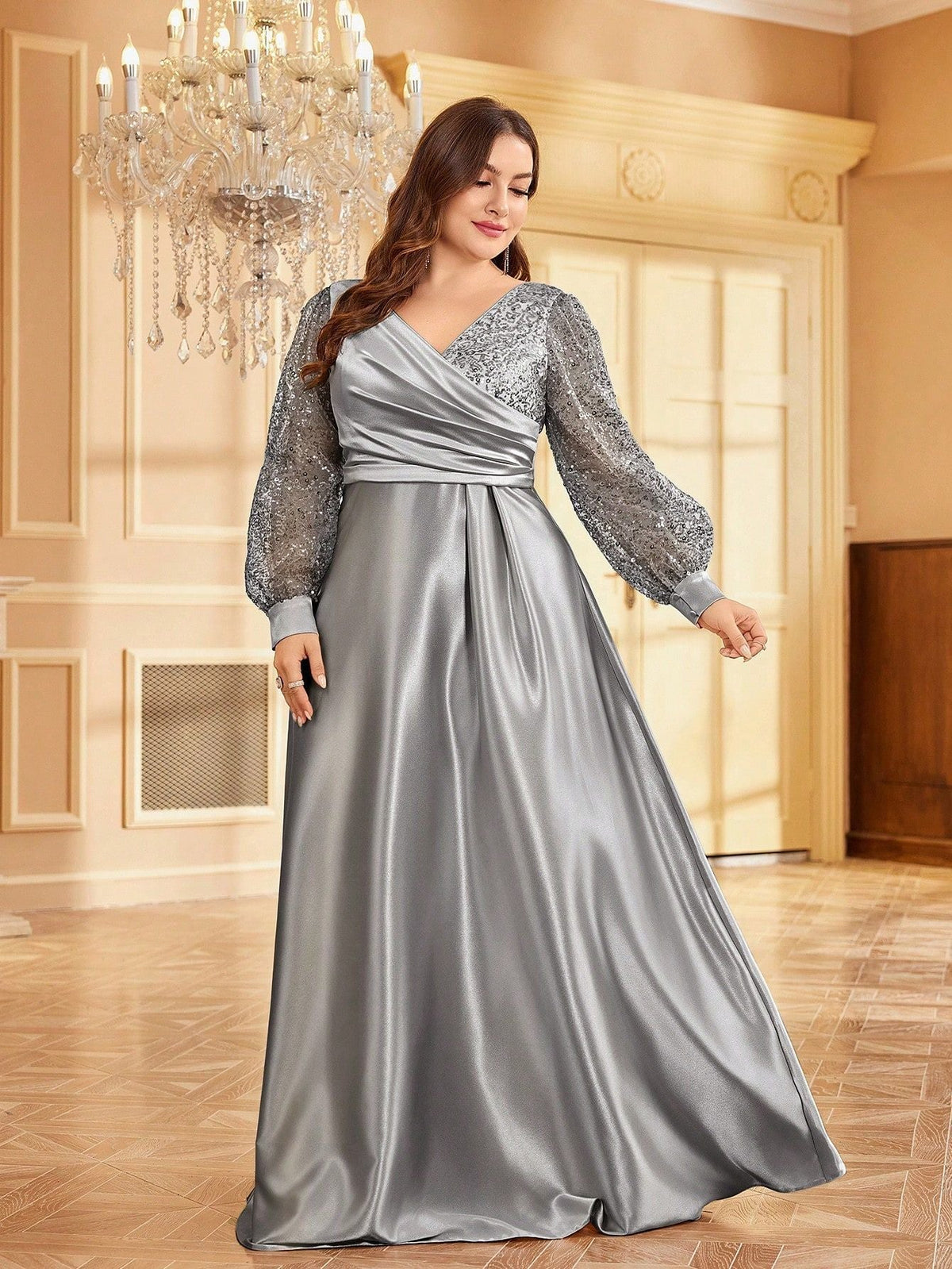 Satin V-Neck Bishop Sleeve Sequin Wrap A-Line Formal Gown - View 4