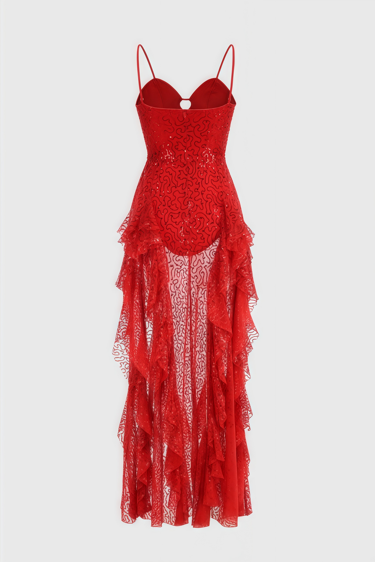 Sequin Spaghetti Strap Sweetheart Ruffle High Low Maxi Dress - View 5