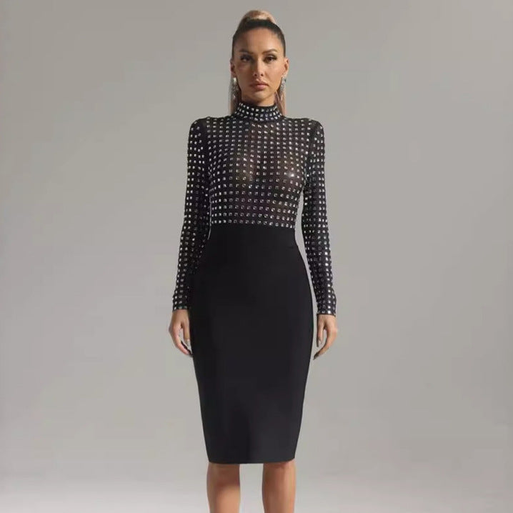 Rhinestone Mesh Mock Neck Long Sleeve Bandage Pencil Midi Dress - View 2