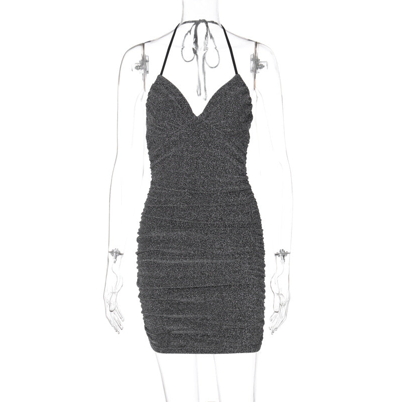 Glitter Halter Neck Ruched Bodycon Mini Party Dress - View 7