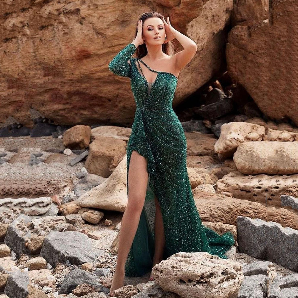 Sequin One Shoulder Cut Out Long Sleeve Beaded High Split Maxi Gown - View 7
