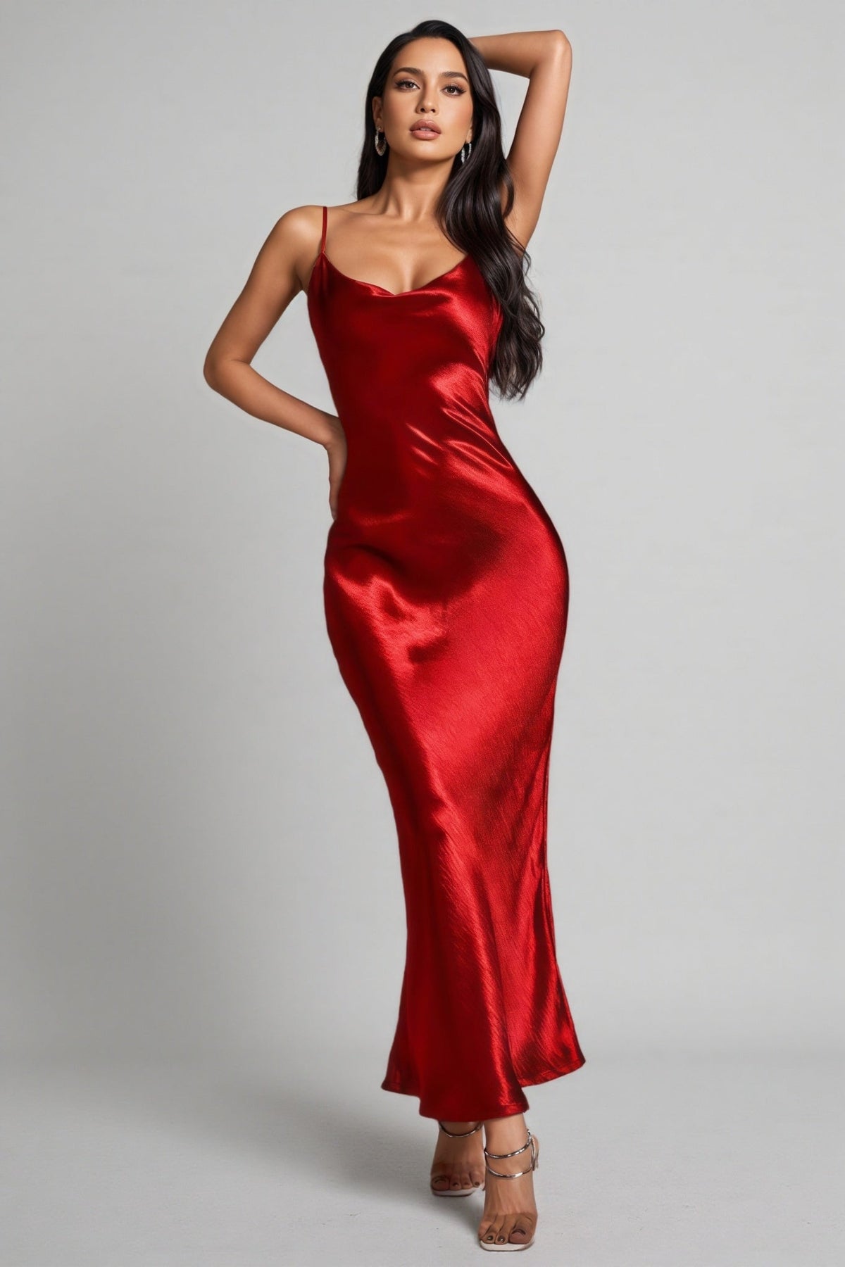 Satin Cowl Neck Spaghetti Strap Fitted Slip Column Maxi Gown - View 2