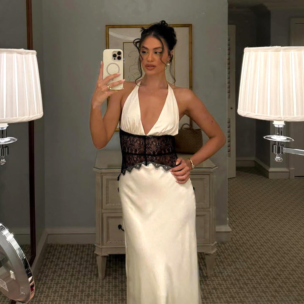 Dinner Elegant Lace - Paneled Halter Maxi Dress